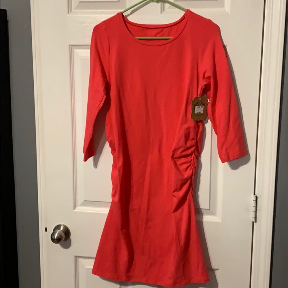 MATERNITY bodycon midi coral dress NWT
